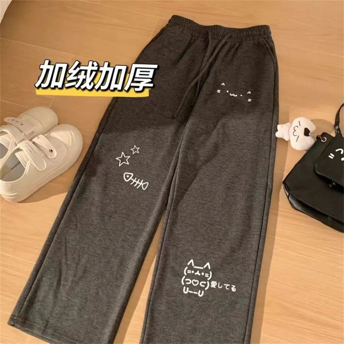 Japanese Wide Leg Cargo Pants Women Cartoon Print Preppy Style Pantalones Mujer Y2k Aesthetic Grunge Pocket Joggers Sweatpants