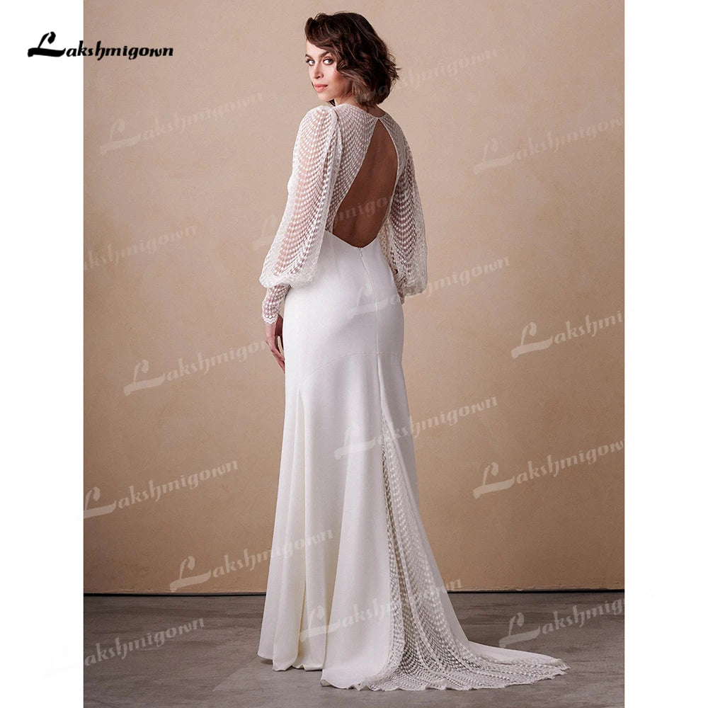 Mermaid Wedding Dress - Boho Bridal Gown With Lace Puff Sleeve & V Neck