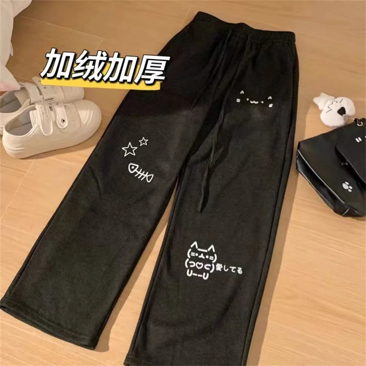 Japanese Wide Leg Cargo Pants Women Cartoon Print Preppy Style Pantalones Mujer Y2k Aesthetic Grunge Pocket Joggers Sweatpants