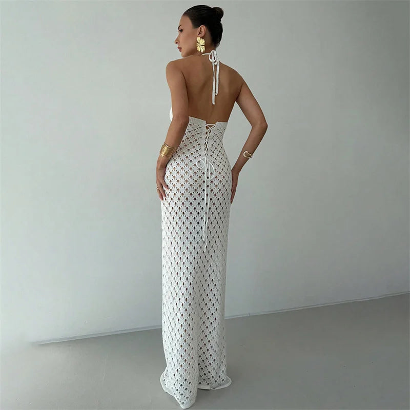 Women's Halter Neck Backless Lace-Up Long Slim Fit Knit Dress See-Through Crochet Beach Bikini Cover-Up Summer Swimwear