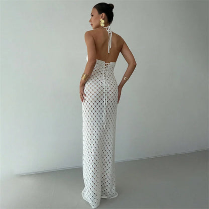 Women's Halter Neck Backless Lace-Up Long Slim Fit Knit Dress See-Through Crochet Beach Bikini Cover-Up Summer Swimwear