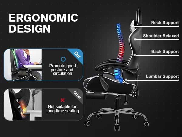 Gaming Chair With Footrest - Adjustable PU Leather Office Gaming Seat With Lumbar Support