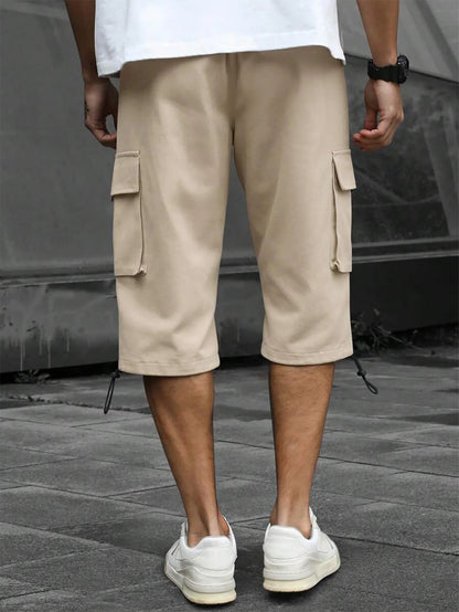 Men's 3/4-Length Cargo Shorts — Woven Twill Fabric, Multi-Pocket Casual Trousers. Non-Stretch Adult Apparel for Summer