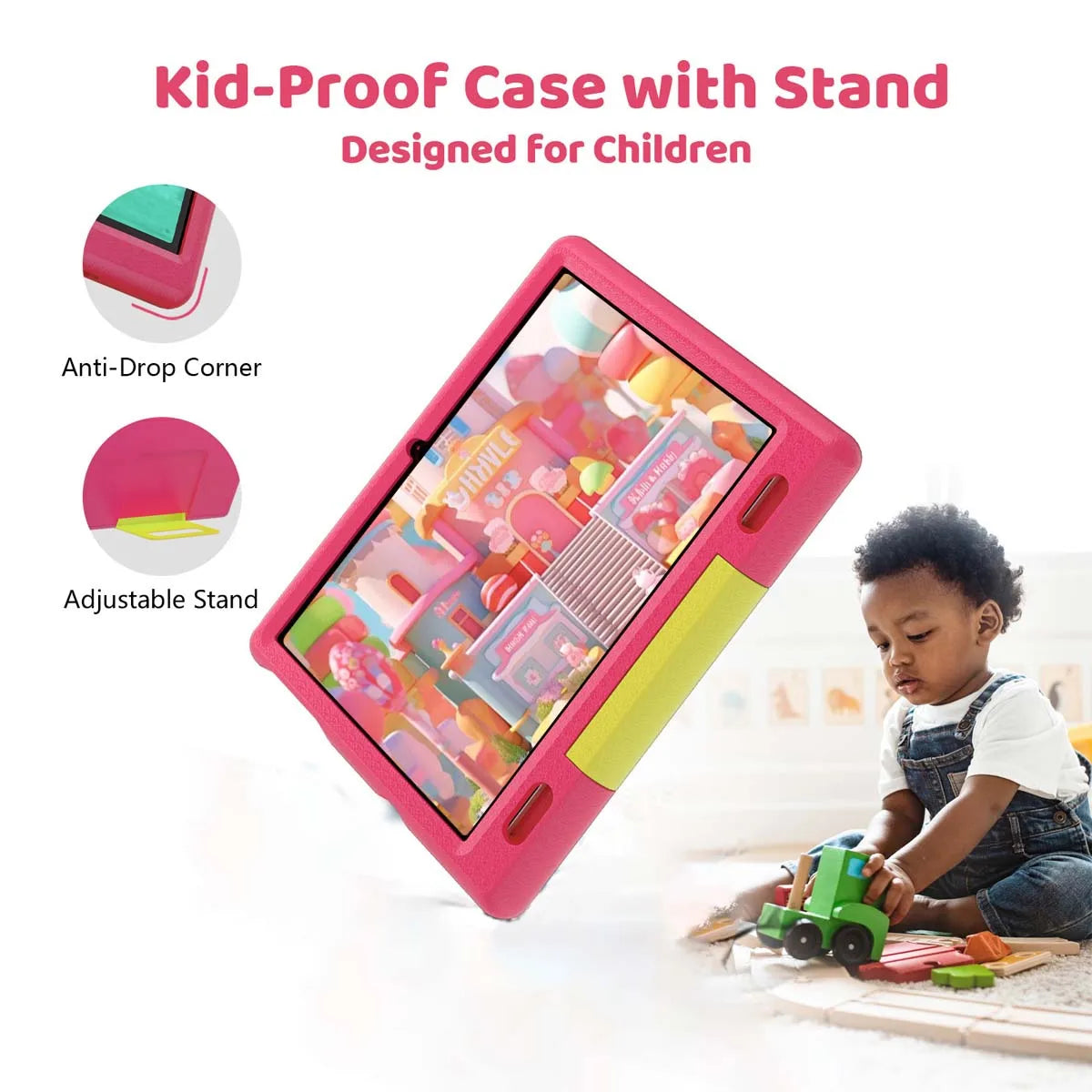 KT1007 Kids Tablet With Shockproof Protective Case 10.1 Inch Quad Core 6GB(2+4) RAM 64GB ROM Android 13 GO 5000mAh Battery Parental Control Max 128GB Expand Pink Blue Children Educational Learning Tablet