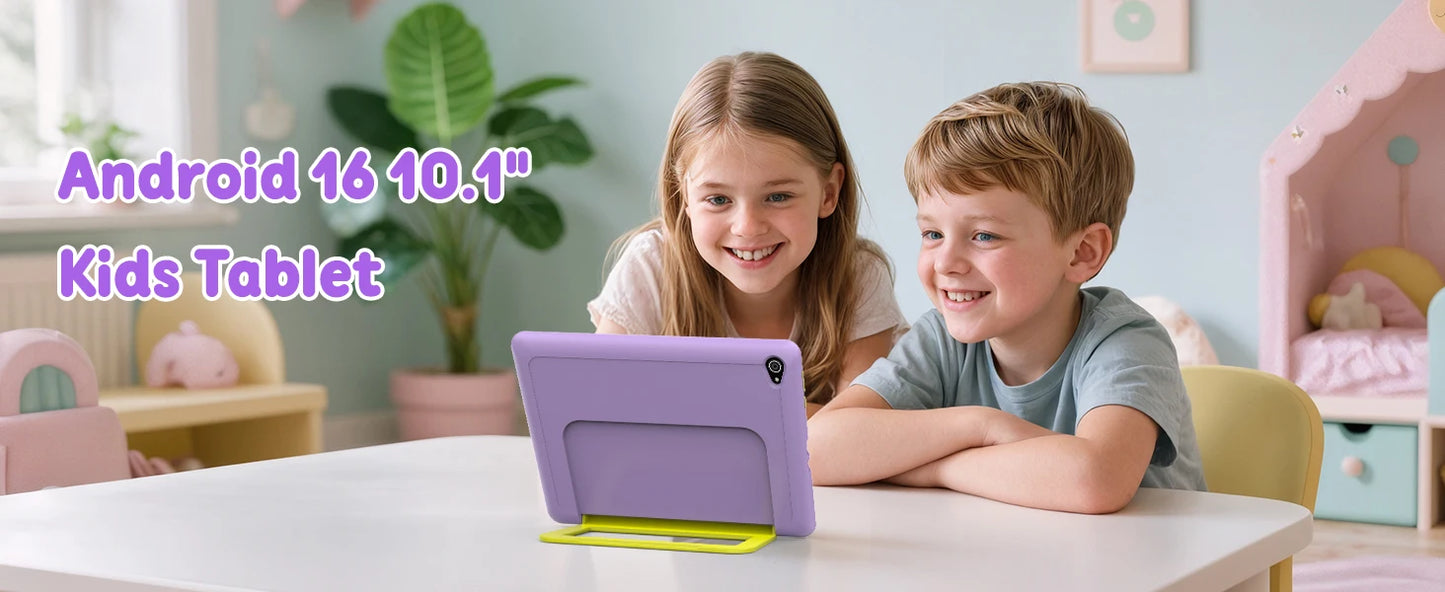 BUFO Kids Tablet 10.1 Inch Five Core Processor 24GB(3+21) RAM 64GB ROM Android 16 IPS HD Display 6000mAh Battery Parental Control Dual Camera TF 1TB Expand WiFi Children Learning Gaming Tablet Only Tablet
