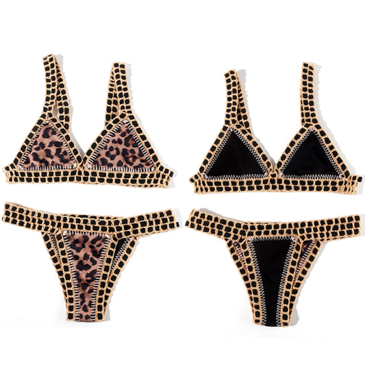 Reversible Crochet Bikini - Leopard Print Two Piece Swimwear Set | Luxury Poolside Suit
