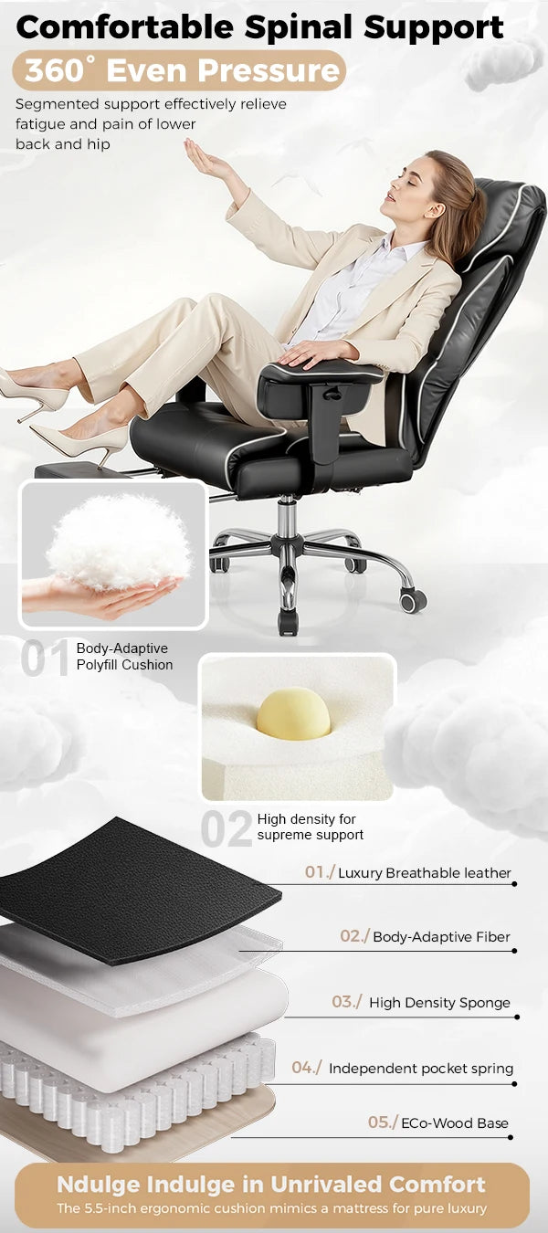 Big And Tall Office Chair | Executive Leather Chair With Lumbar Support & Pocket Spring Cushion