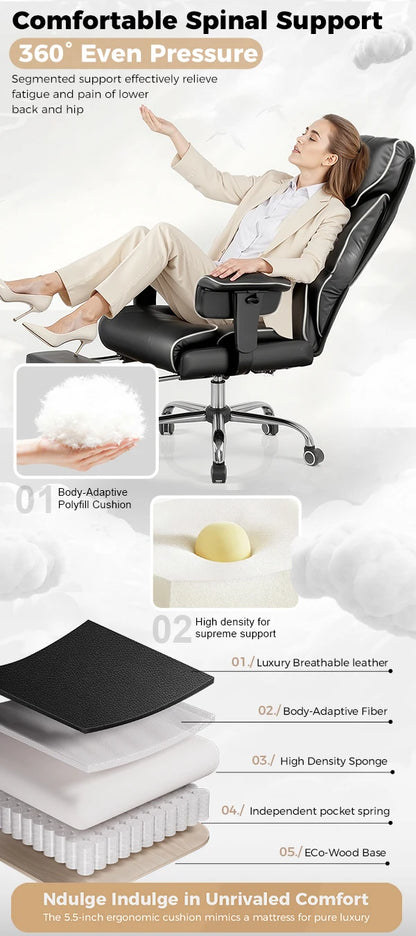 Big And Tall Office Chair | Executive Leather Chair With Lumbar Support & Pocket Spring Cushion