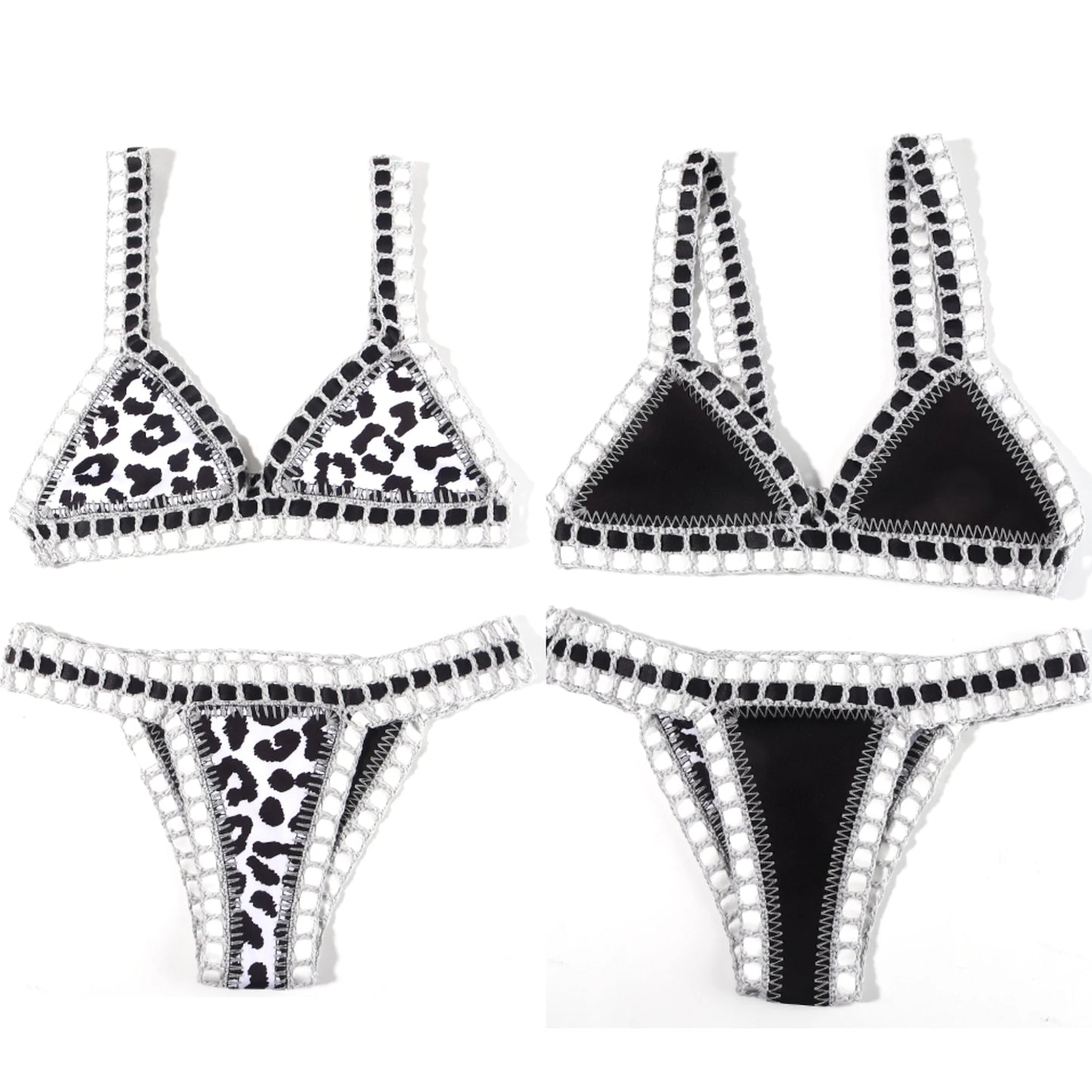 Reversible Crochet Bikini - Leopard Print Two Piece Swimwear Set | Luxury Poolside Suit