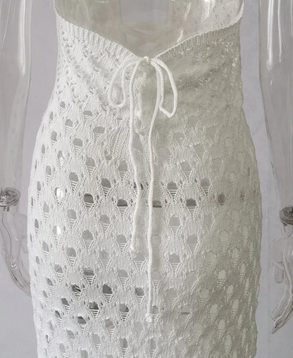 Women's Halter Neck Backless Lace-Up Long Slim Fit Knit Dress See-Through Crochet Beach Bikini Cover-Up Summer Swimwear