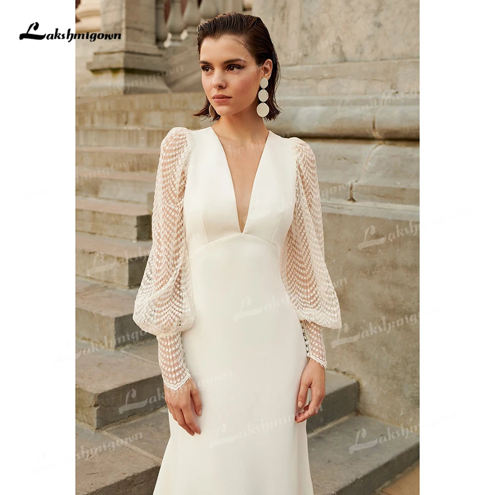 Mermaid Wedding Dress - Boho Bridal Gown With Lace Puff Sleeve & V Neck