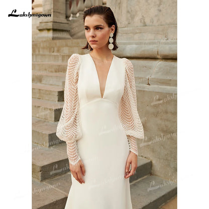 Mermaid Wedding Dress - Boho Bridal Gown With Lace Puff Sleeve & V Neck