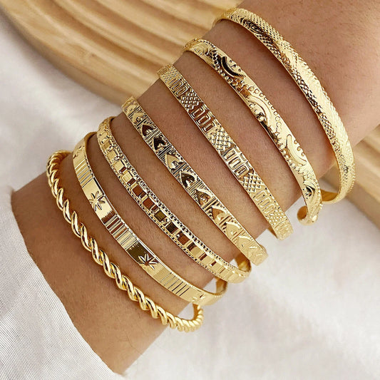 Punk Gold Bangle Set – 7pc Heart Open Bracelets for Women