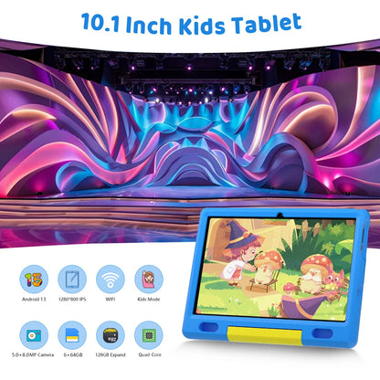 KT1007 Kids Tablet With Shockproof Protective Case 10.1 Inch Quad Core 6GB(2+4) RAM 64GB ROM Android 13 GO 5000mAh Battery Parental Control Max 128GB Expand Pink Blue Children Educational Learning Tablet