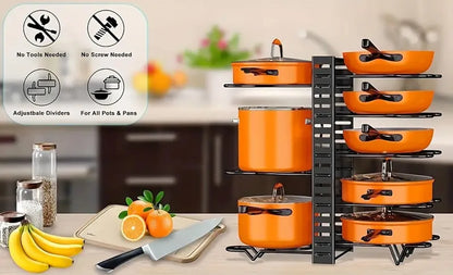 8-Tier Metal Pot Rack Organizer - Space-Saving Kitchen Storage for Pots Pans and Lids - ZOOMNSTORE