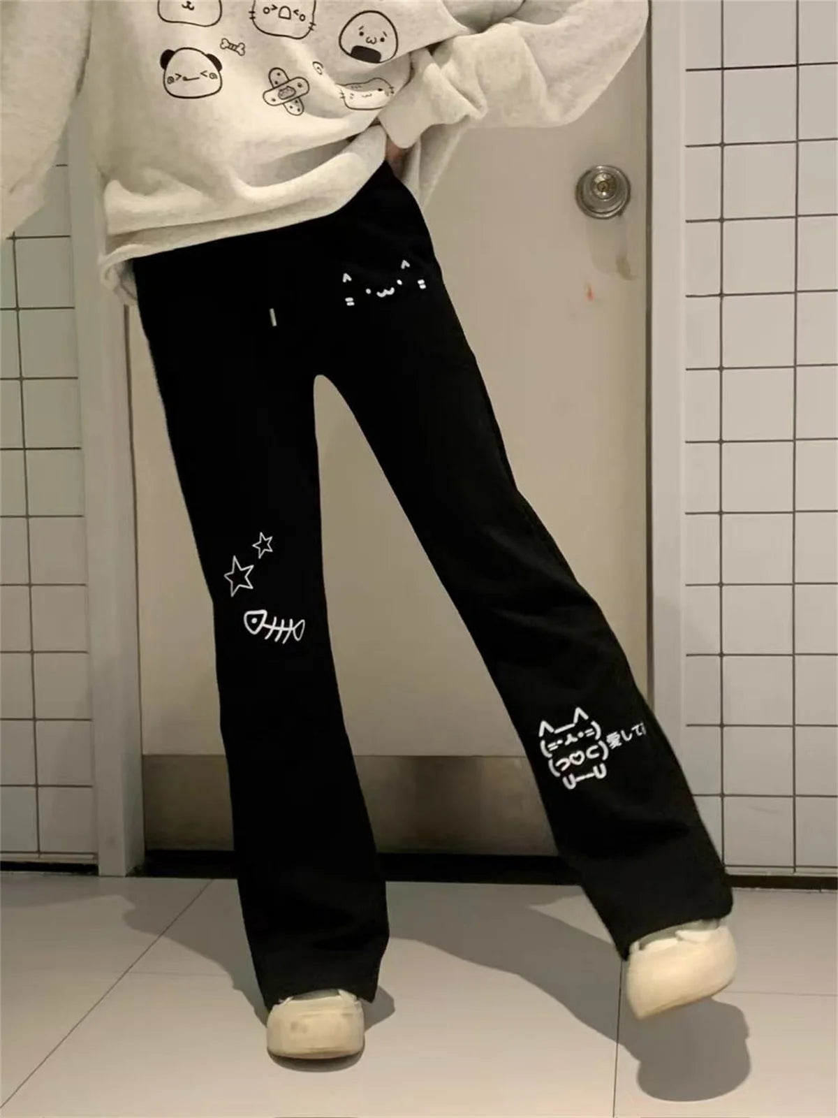 Japanese Wide Leg Cargo Pants Women Cartoon Print Preppy Style Pantalones Mujer Y2k Aesthetic Grunge Pocket Joggers Sweatpants