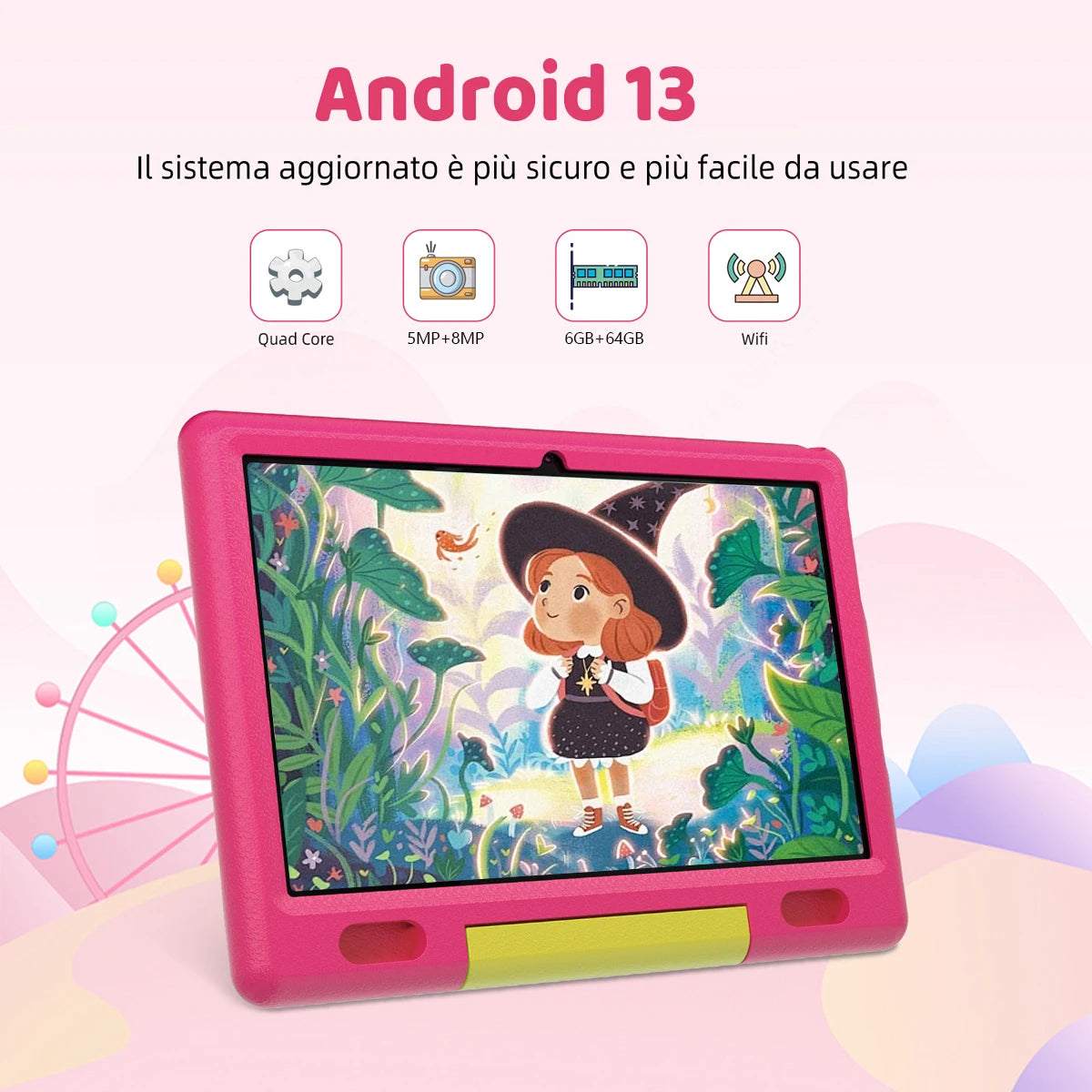KT1007 Kids Tablet With Shockproof Protective Case 10.1 Inch Quad Core 6GB(2+4) RAM 64GB ROM Android 13 GO 5000mAh Battery Parental Control Max 128GB Expand Pink Blue Children Educational Learning Tablet