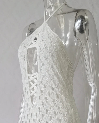 Women's Halter Neck Backless Lace-Up Long Slim Fit Knit Dress See-Through Crochet Beach Bikini Cover-Up Summer Swimwear