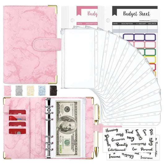 A6 Budget Binder - PU Leather Money Organizer with Marble Notebook for Office  School Supplies - ZOOMNSTORE