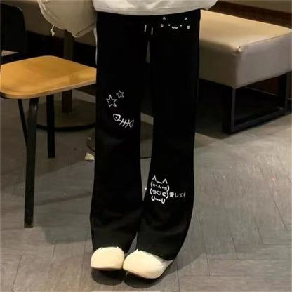 Japanese Wide Leg Cargo Pants Women Cartoon Print Preppy Style Pantalones Mujer Y2k Aesthetic Grunge Pocket Joggers Sweatpants