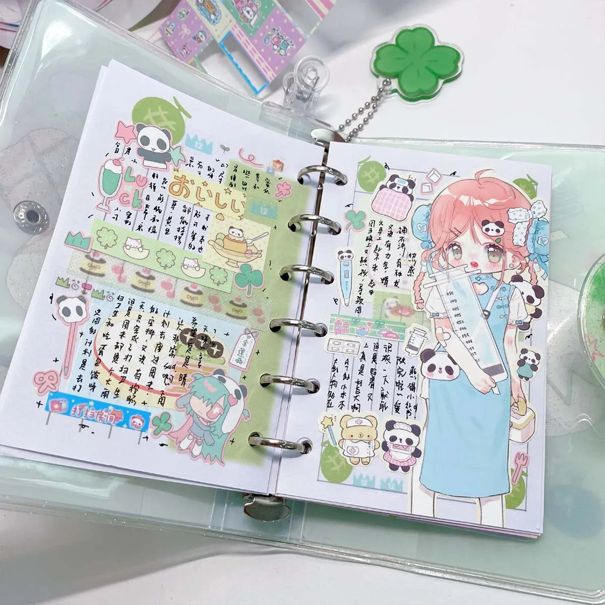A7 Binder Notebook - Glitter PVC Cover Four Leaf Clover Design Portable Pocket Organizer - ZOOMNSTORE