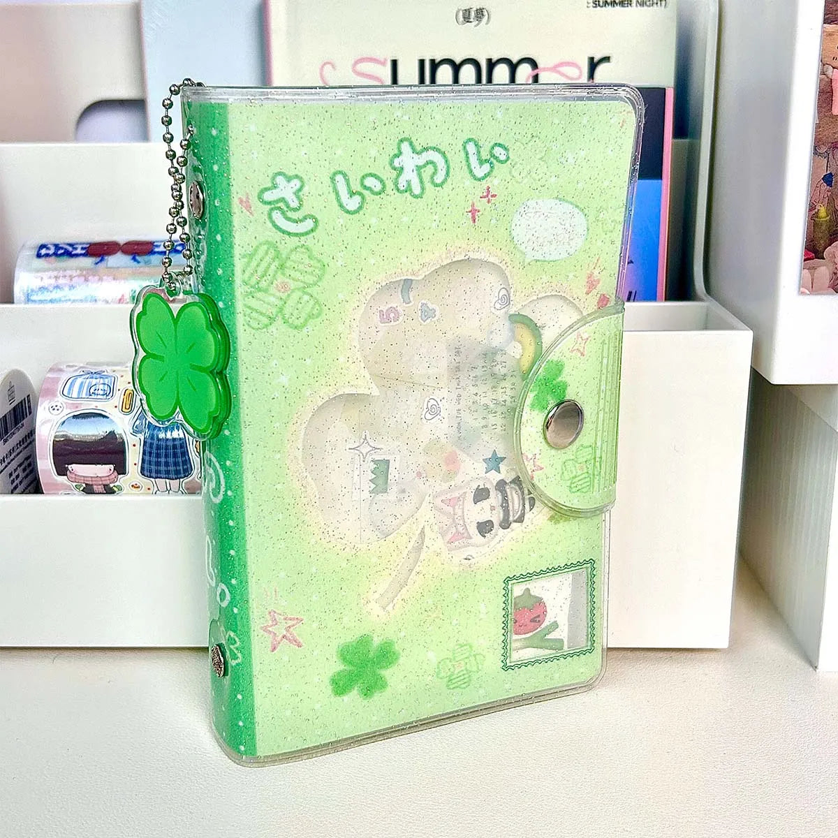 A7 Binder Notebook - Glitter PVC Cover Four Leaf Clover Design Portable Pocket Organizer - ZOOMNSTORE