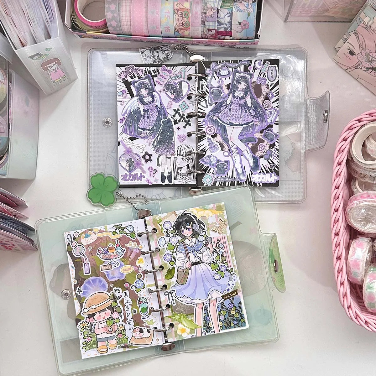 A7 Binder Notebook - Glitter PVC Cover Four Leaf Clover Design Portable Pocket Organizer - ZOOMNSTORE