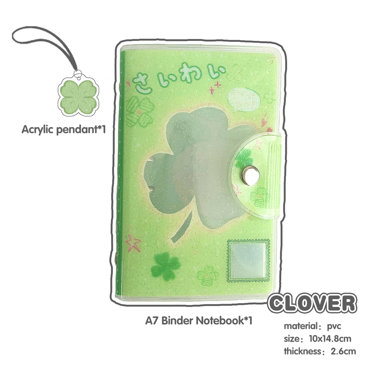 A7 Binder Notebook - Glitter PVC Cover Four Leaf Clover Design Portable Pocket Organizer - ZOOMNSTORE