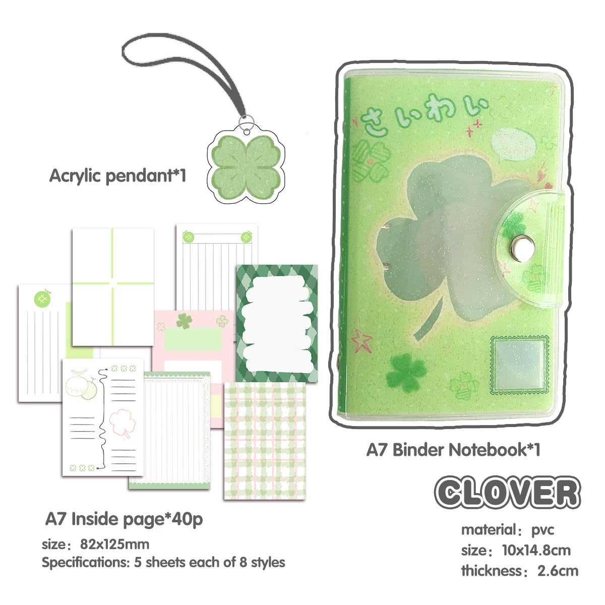 A7 Binder Notebook - Glitter PVC Cover Four Leaf Clover Design Portable Pocket Organizer - ZOOMNSTORE