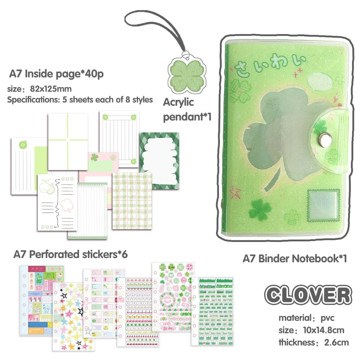 A7 Binder Notebook - Glitter PVC Cover Four Leaf Clover Design Portable Pocket Organizer - ZOOMNSTORE