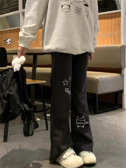 Japanese Wide Leg Cargo Pants Women Cartoon Print Preppy Style Pantalones Mujer Y2k Aesthetic Grunge Pocket Joggers Sweatpants