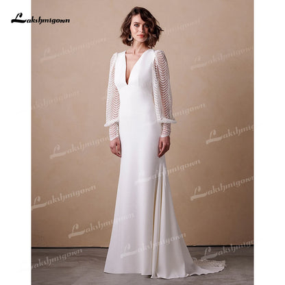 Mermaid Wedding Dress - Boho Bridal Gown With Lace Puff Sleeve & V Neck
