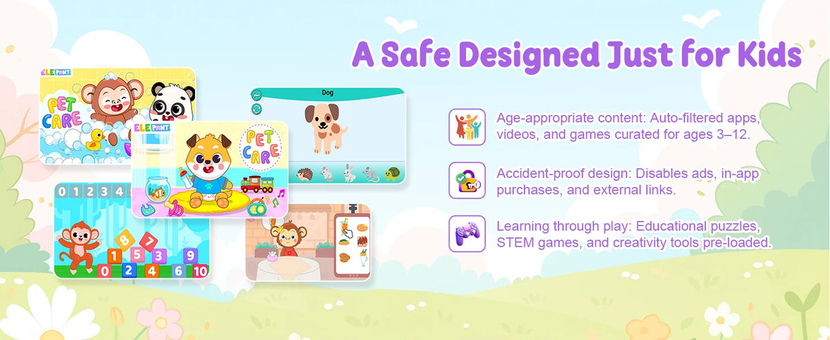 BUFO Kids Tablet 10.1 Inch Five Core Processor 24GB(3+21) RAM 64GB ROM Android 16 IPS HD Display 6000mAh Battery Parental Control Dual Camera TF 1TB Expand WiFi Children Learning Gaming Tablet Only Tablet