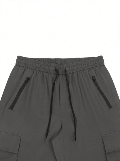 Men's 3/4-Length Cargo Shorts — Woven Twill Fabric, Multi-Pocket Casual Trousers. Non-Stretch Adult Apparel for Summer