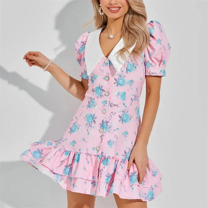 Puff Sleeve Mini Dress - Women's Summer Casual Vacation Dress With Pearl Buttons