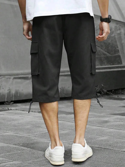Men's 3/4-Length Cargo Shorts — Woven Twill Fabric, Multi-Pocket Casual Trousers. Non-Stretch Adult Apparel for Summer