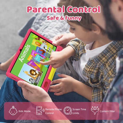 KT1007 Kids Tablet With Shockproof Protective Case 10.1 Inch Quad Core 6GB(2+4) RAM 64GB ROM Android 13 GO 5000mAh Battery Parental Control Max 128GB Expand Pink Blue Children Educational Learning Tablet