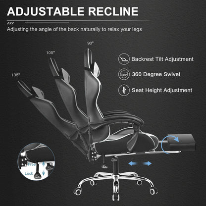 Gaming Chair With Footrest - Adjustable PU Leather Office Gaming Seat With Lumbar Support