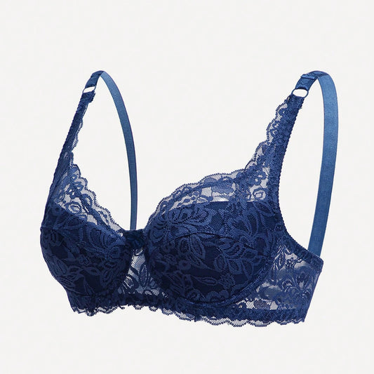 Women's Solid Color Bow Decor Push-Up Underwire Lace Bra with Adjustable Straps Soft Comfortable Breathable Triple-Breasted Ling
