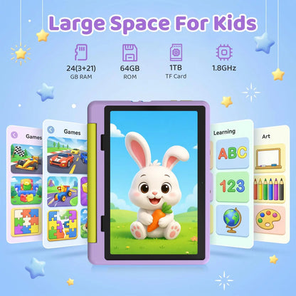 BUFO Kids Tablet 10.1 Inch Five Core Processor 24GB(3+21) RAM 64GB ROM Android 16 IPS HD Display 6000mAh Battery Parental Control Dual Camera TF 1TB Expand WiFi Children Learning Gaming Tablet Only Tablet