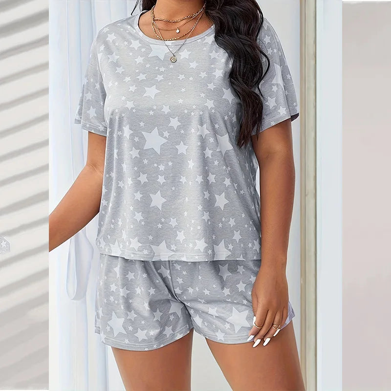 5XL Big Size Pajamas For Women Summer Autumn Faux Cotton Pajama Set  Short Sleeved Casual Loose Luxury Print Sleepwear Pijama
