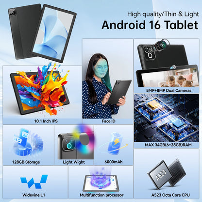 X6 10.1 Inch Android 16 Kids Tablet Octa‑Core 34GB(6GB Physical+28GB Virtual RAM) 6000mAh Battery Widevine L1 Dual Camera WiFi6 BT5.4 1TB Expandable Children Learning Tablet