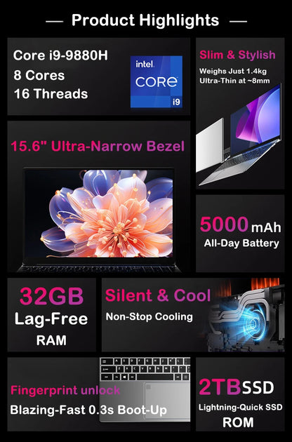 Ultra Slim Gaming Laptop - Intel Core i9 15.6 Inch, 32GB RAM, 2TB SSD, Windows 11