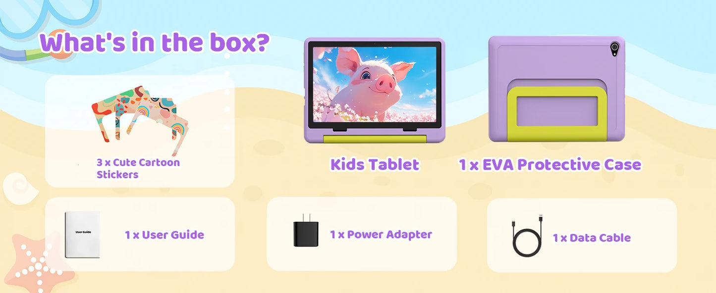 BUFO Kids Tablet 10.1 Inch Five Core Processor 24GB(3+21) RAM 64GB ROM Android 16 IPS HD Display 6000mAh Battery Parental Control Dual Camera TF 1TB Expand WiFi Children Learning Gaming Tablet Only Tablet