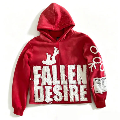 Streetwear style distressed hoodie with frayed edges and a "FALLEN DESIRE" lettering patch. Available in multiple colors. Perfect for unisex casual everyday wear.