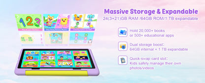 BUFO Kids Tablet 10.1 Inch Five Core Processor 24GB(3+21) RAM 64GB ROM Android 16 IPS HD Display 6000mAh Battery Parental Control Dual Camera TF 1TB Expand WiFi Children Learning Gaming Tablet Only Tablet