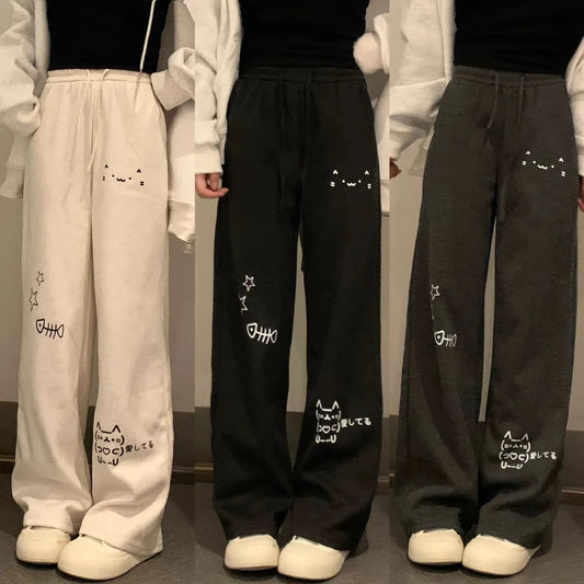 Japanese Wide Leg Cargo Pants Women Cartoon Print Preppy Style Pantalones Mujer Y2k Aesthetic Grunge Pocket Joggers Sweatpants