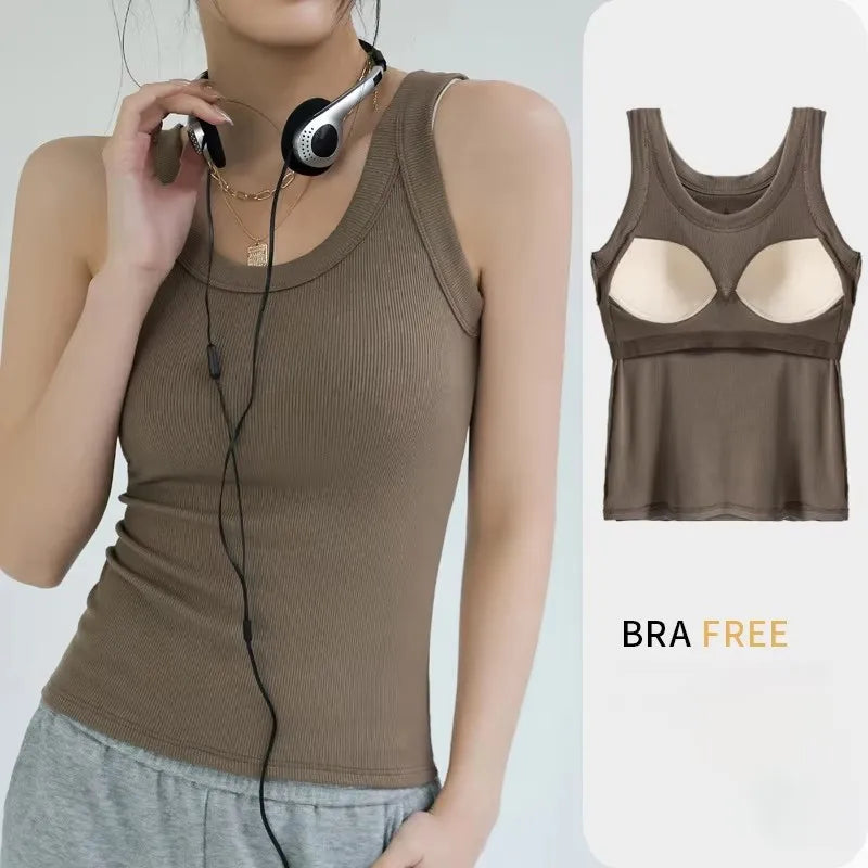 Modal Ribbed Camis with Built-in Padding Women Sleeveless Undershirt Summer Solid Color Outerwear Concealing Side Cleavage C4876