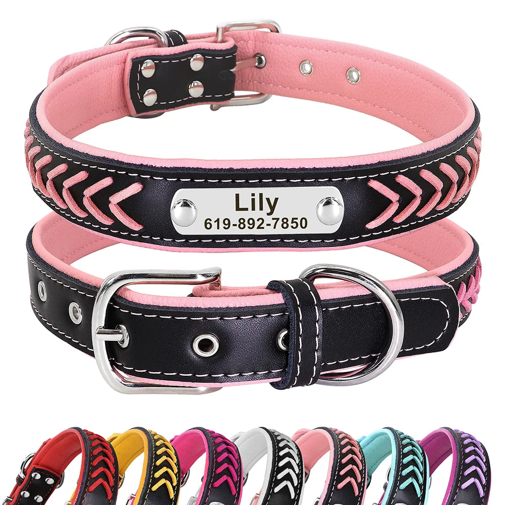 Personalized Dog Collar Leather Padded Dogs Braided Collars Free Engraving Pet ID Tag Nameplate for Small Medium Large Dogs