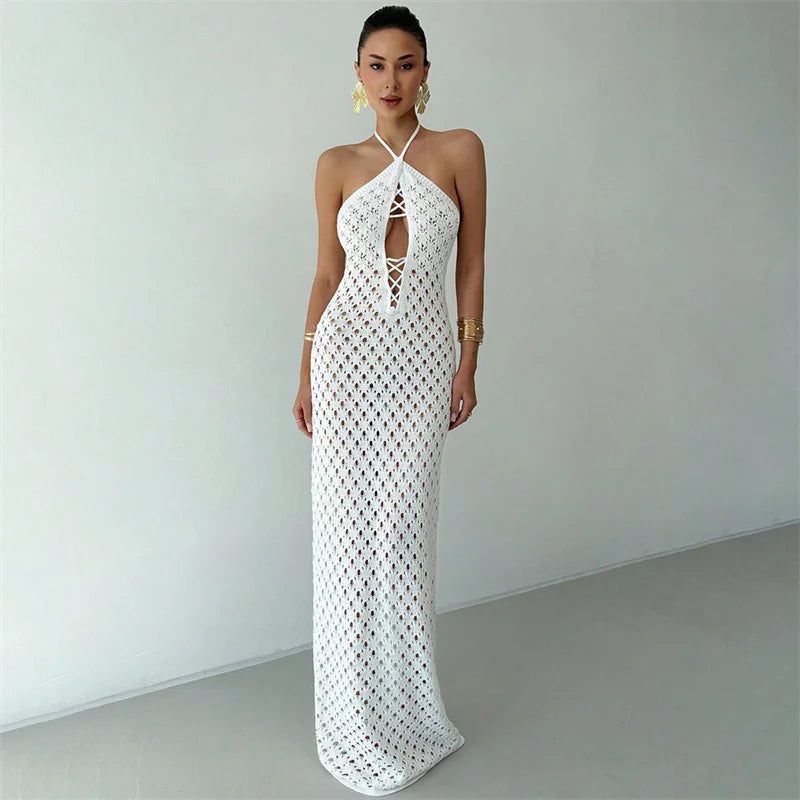 Women's Halter Neck Backless Lace-Up Long Slim Fit Knit Dress See-Through Crochet Beach Bikini Cover-Up Summer Swimwear